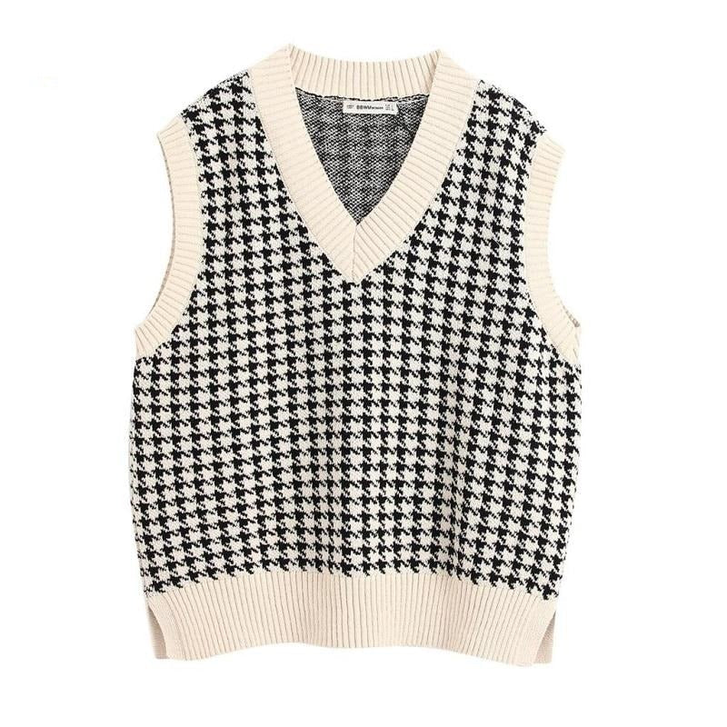 Oversized Knit Hounds Tooth Vest