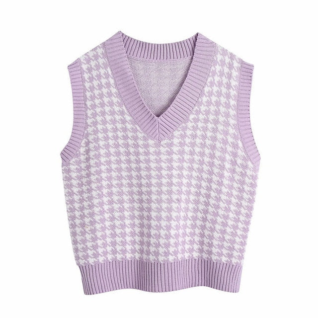 Oversized Knit Hounds Tooth Vest