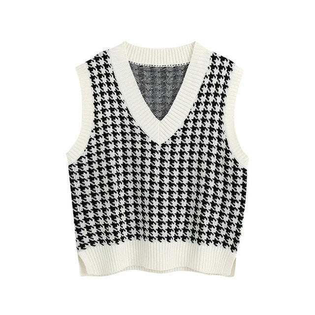 Oversized Knit Hounds Tooth Vest