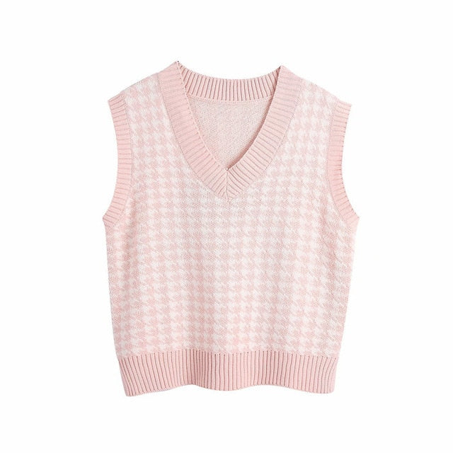 Oversized Knit Hounds Tooth Vest