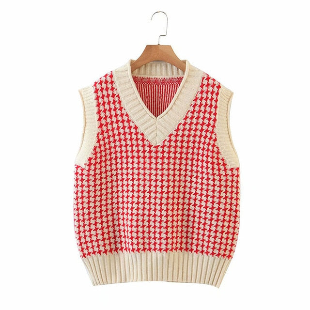 Oversized Knit Hounds Tooth Vest