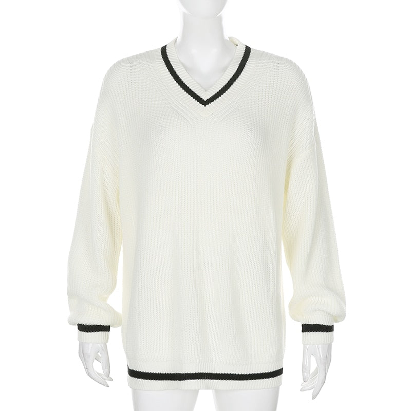 V Neck Preppy Cream Sweater
