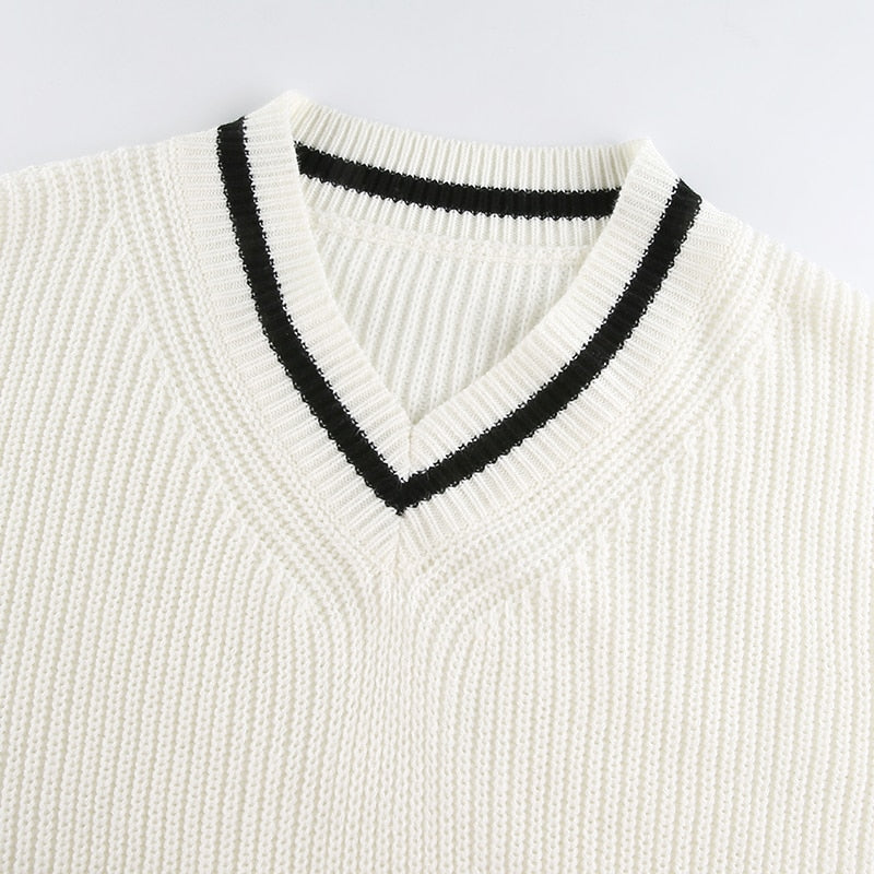 V Neck Preppy Cream Sweater
