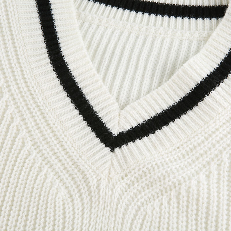 V Neck Preppy Cream Sweater