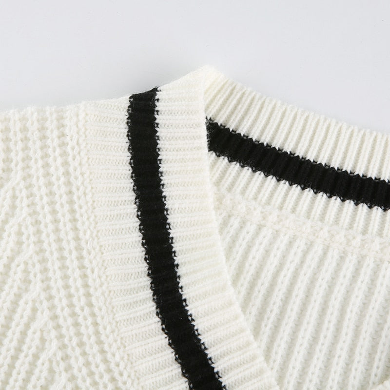 V Neck Preppy Cream Sweater