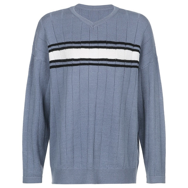 Striped V Neck Oversized Sweater