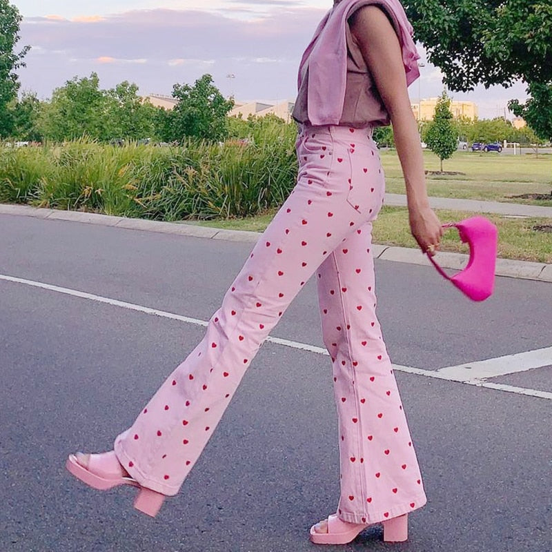 Pink Hearts Bell Bottom Trousers