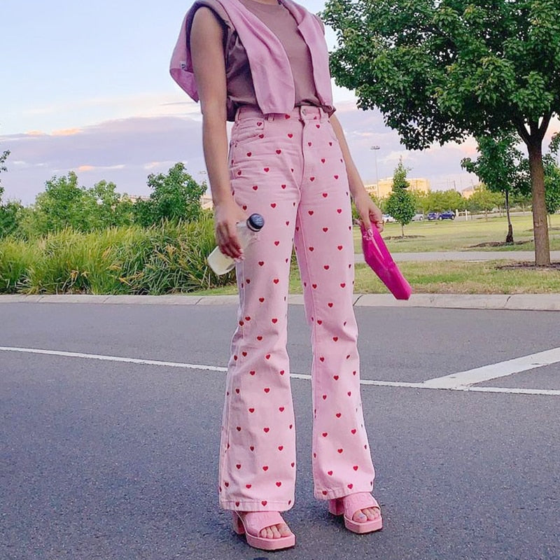 Pink Hearts Bell Bottom Trousers