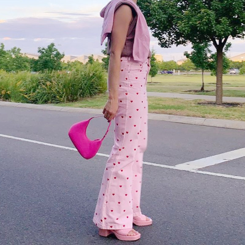 Pink Hearts Bell Bottom Trousers