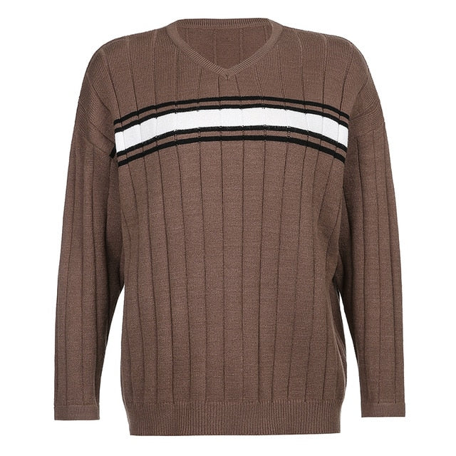 Striped V Neck Oversized Sweater