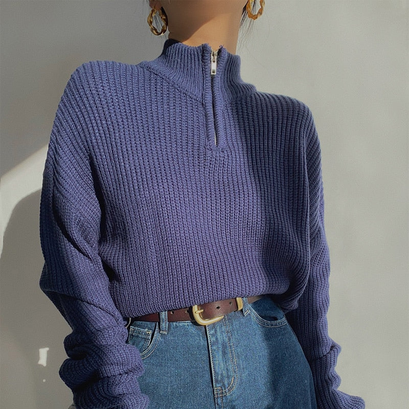 Ribbed Zip Up Knitted Sweater