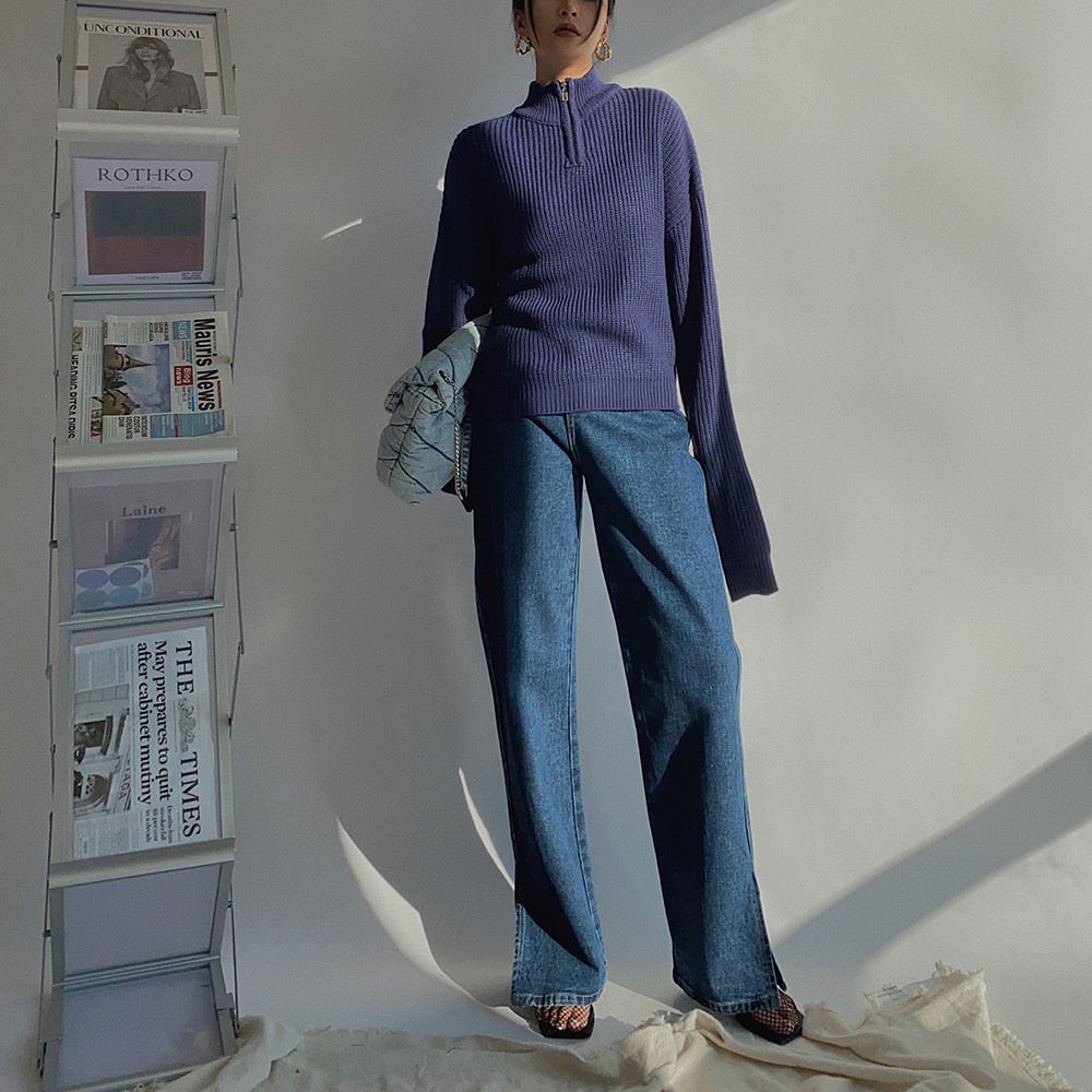 Ribbed Zip Up Knitted Sweater