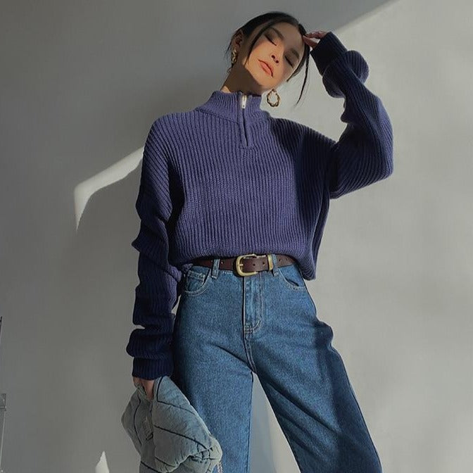 Ribbed Zip Up Knitted Sweater