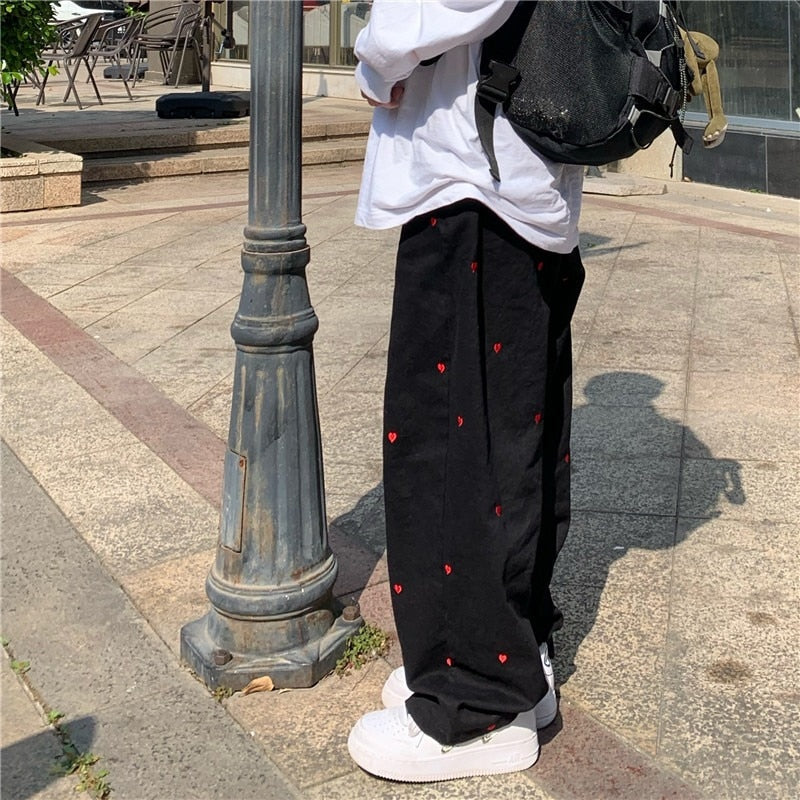 Heart Embroidered Baggy Straight Denim Trouser