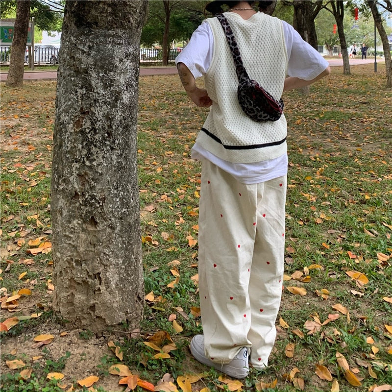 Heart Embroidered Baggy Straight Denim Trouser