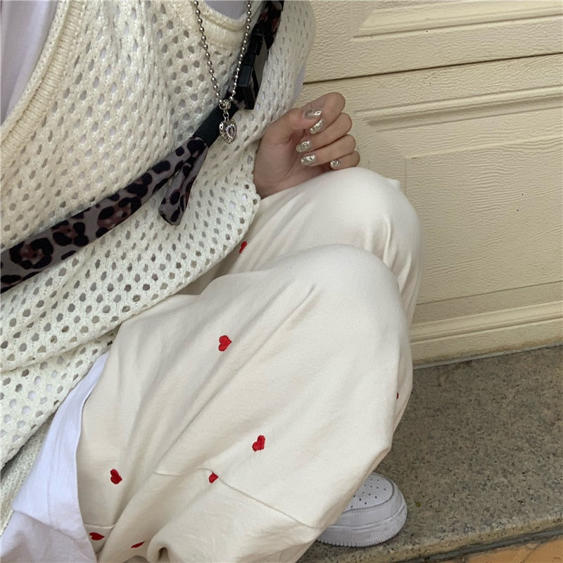 Heart Embroidered Baggy Straight Denim Trouser