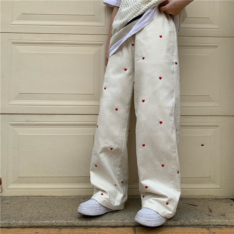 Heart Embroidered Baggy Straight Denim Trouser