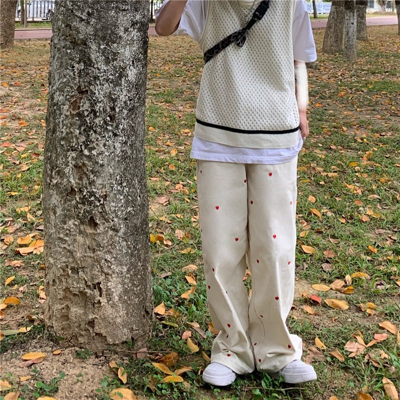 Heart Embroidered Baggy Straight Denim Trouser