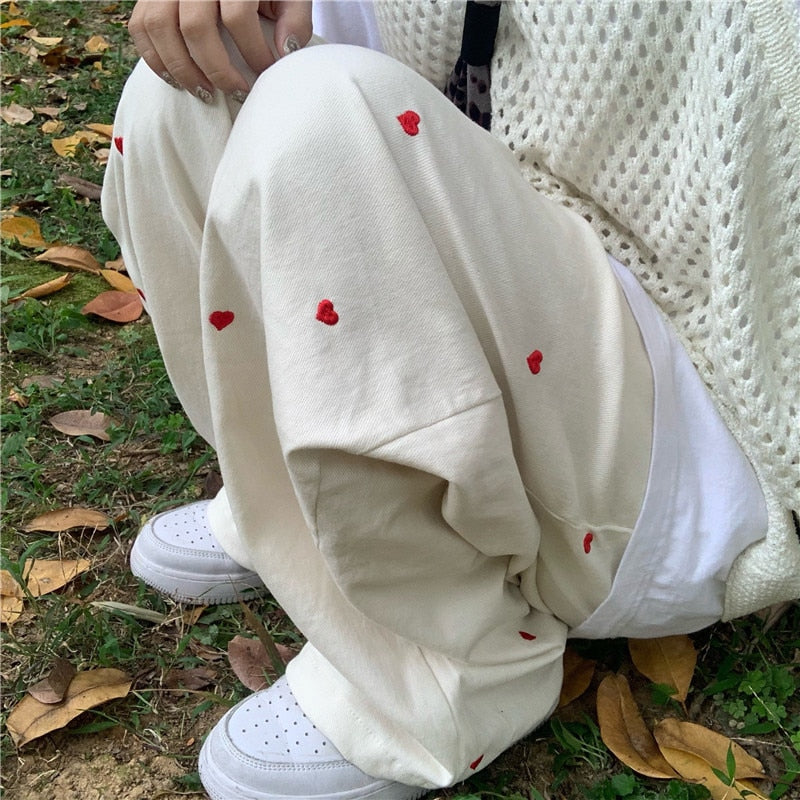 Heart Embroidered Baggy Straight Denim Trouser