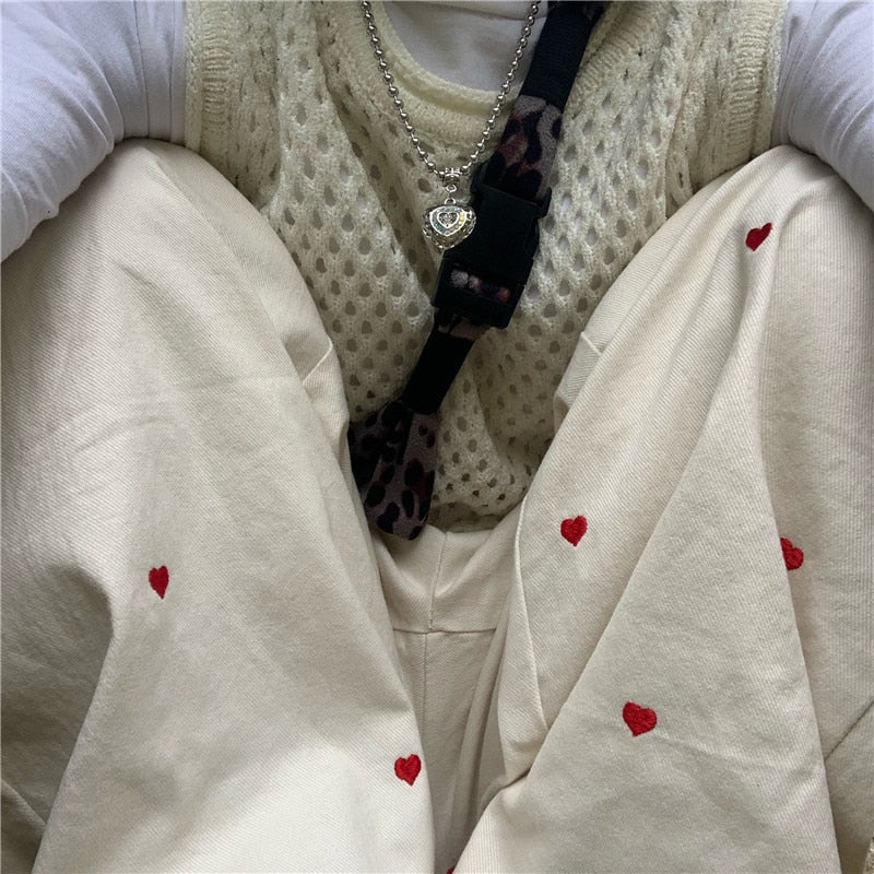 Heart Embroidered Baggy Straight Denim Trouser
