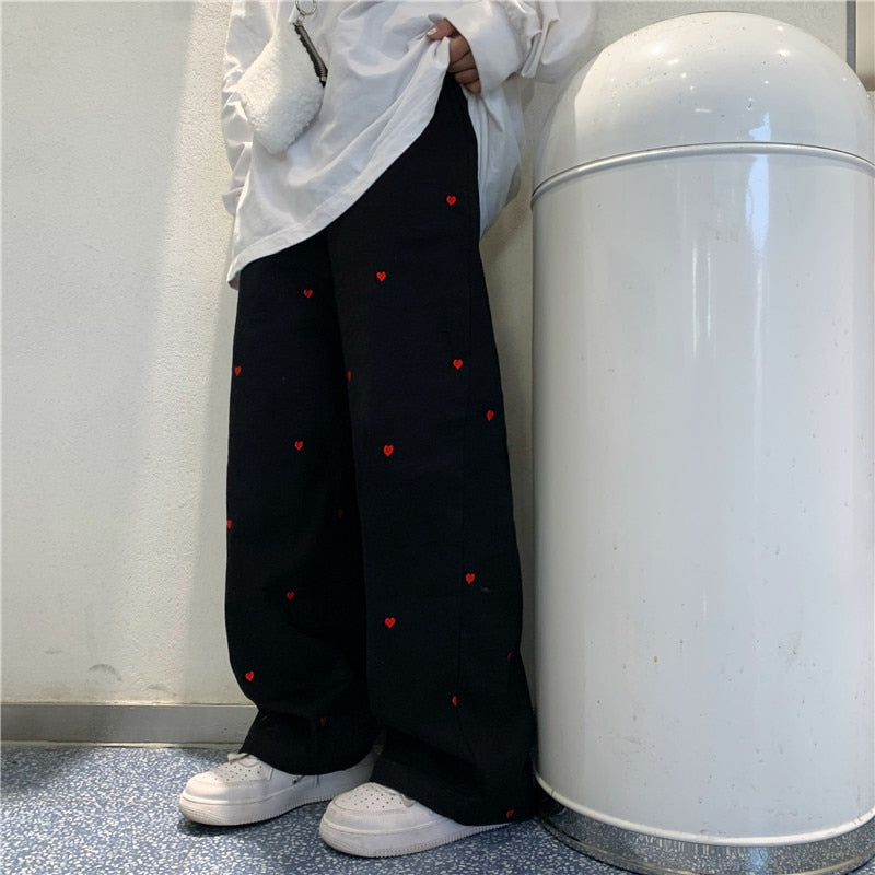 Heart Embroidered Baggy Straight Denim Trouser