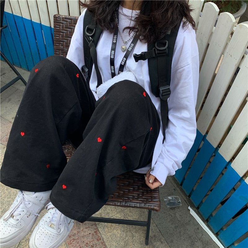 Heart Embroidered Baggy Straight Denim Trouser