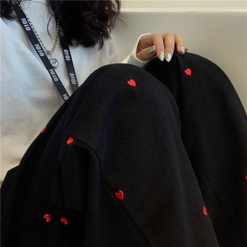 Heart Embroidered Baggy Straight Denim Trouser