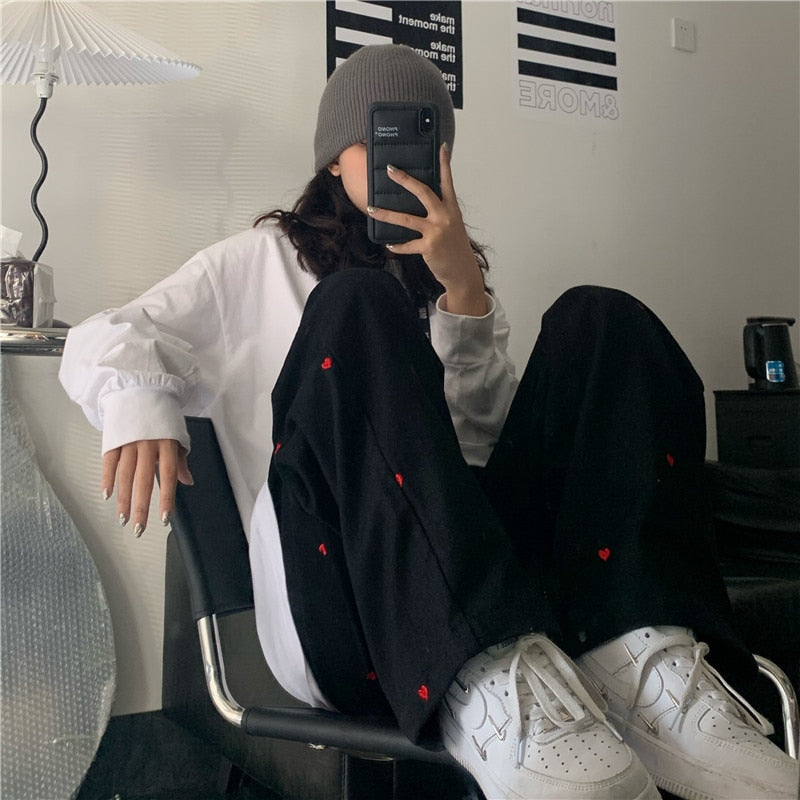 Heart Embroidered Baggy Straight Denim Trouser