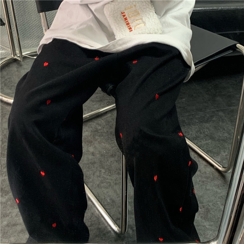 Heart Embroidered Baggy Straight Denim Trouser