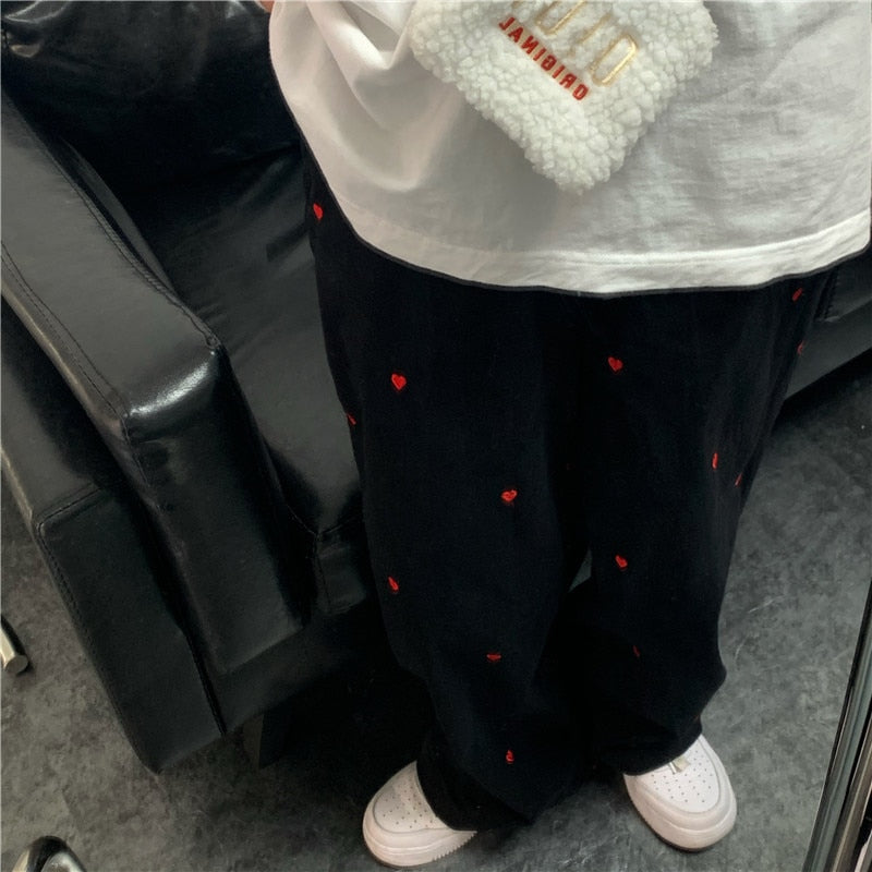 Heart Embroidered Baggy Straight Denim Trouser