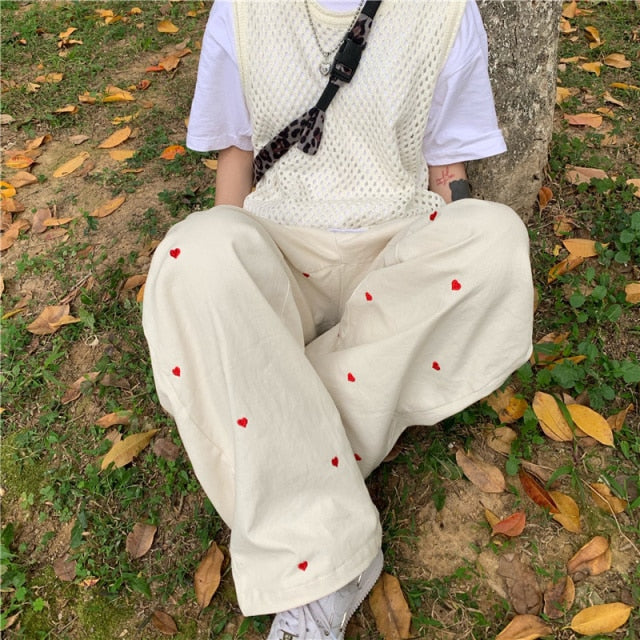 Heart Embroidered Baggy Straight Denim Trouser