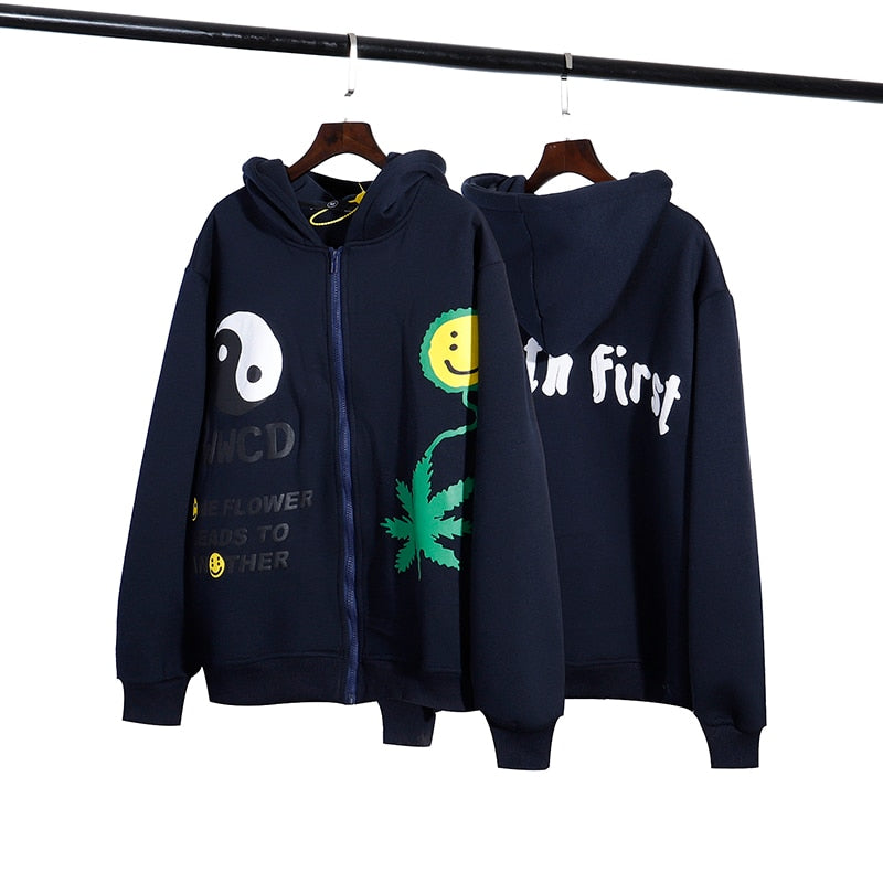 Oversized Smiley Weed Zip Up Hoodie