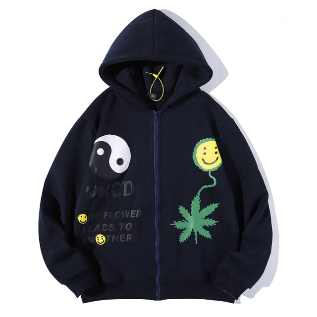 Oversized Smiley Weed Zip Up Hoodie