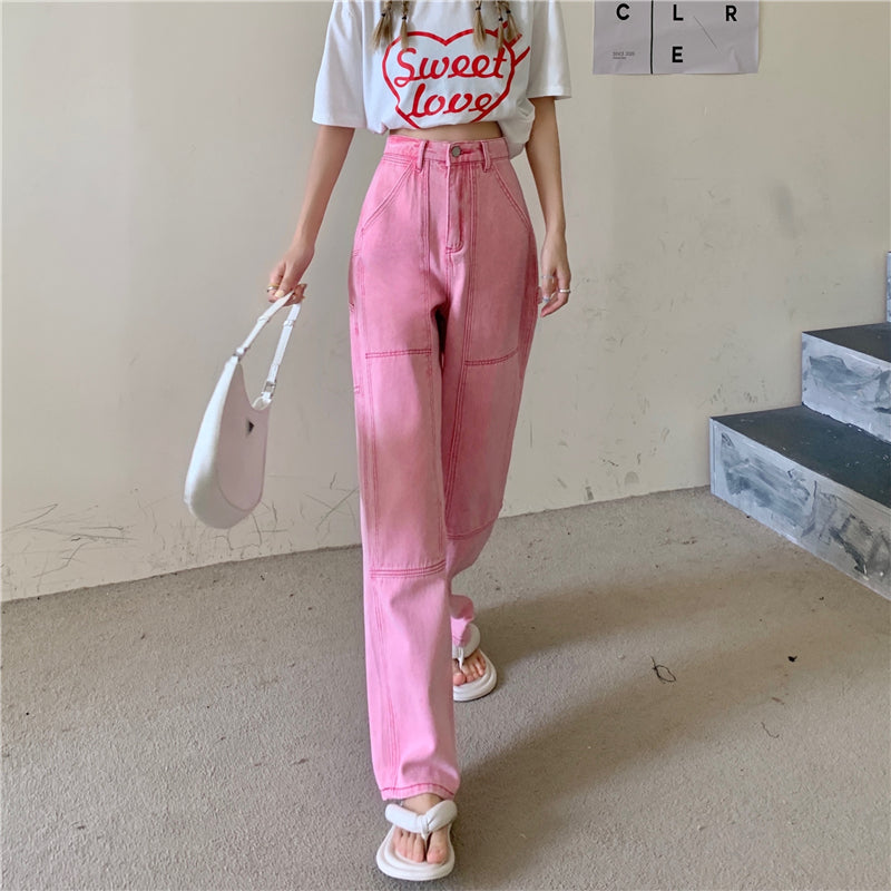 High Waisted Pink Work Jeans