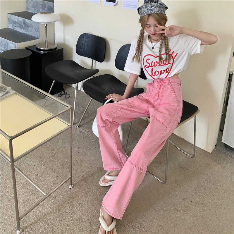 High Waisted Pink Work Jeans