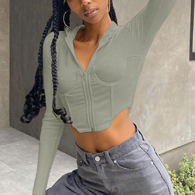 Ribbed Zip Up Corset Hoodie