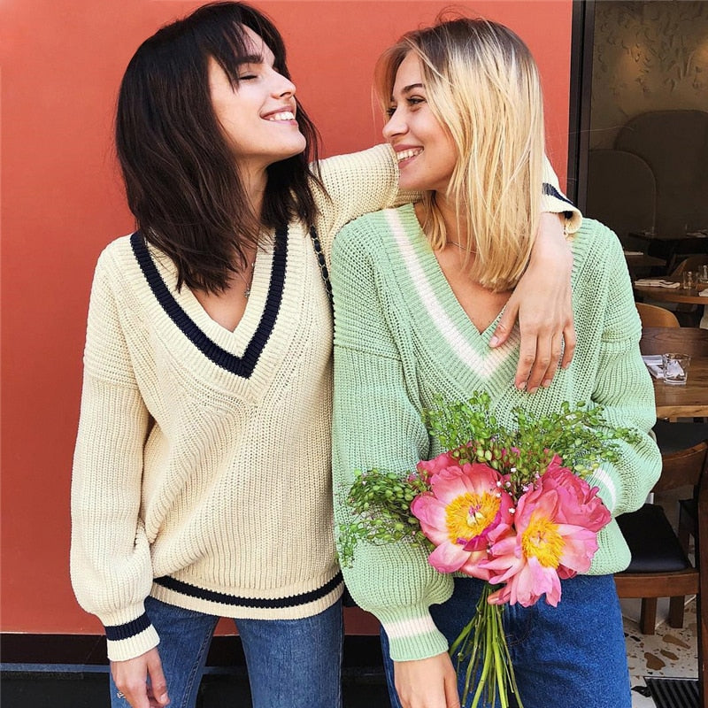 V Neck Preppy Cream Sweater