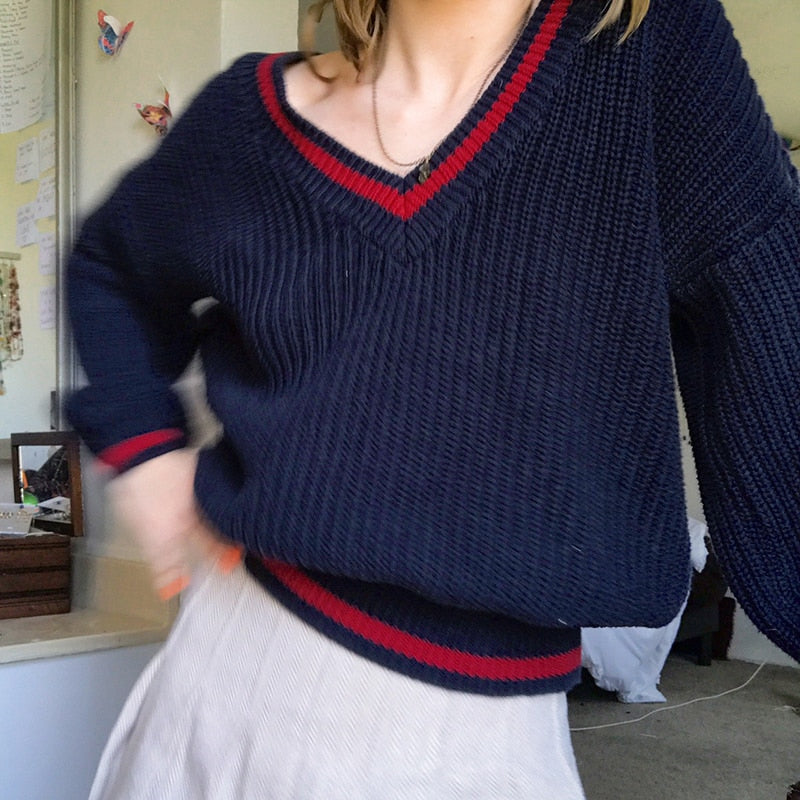 V Neck Preppy Cream Sweater