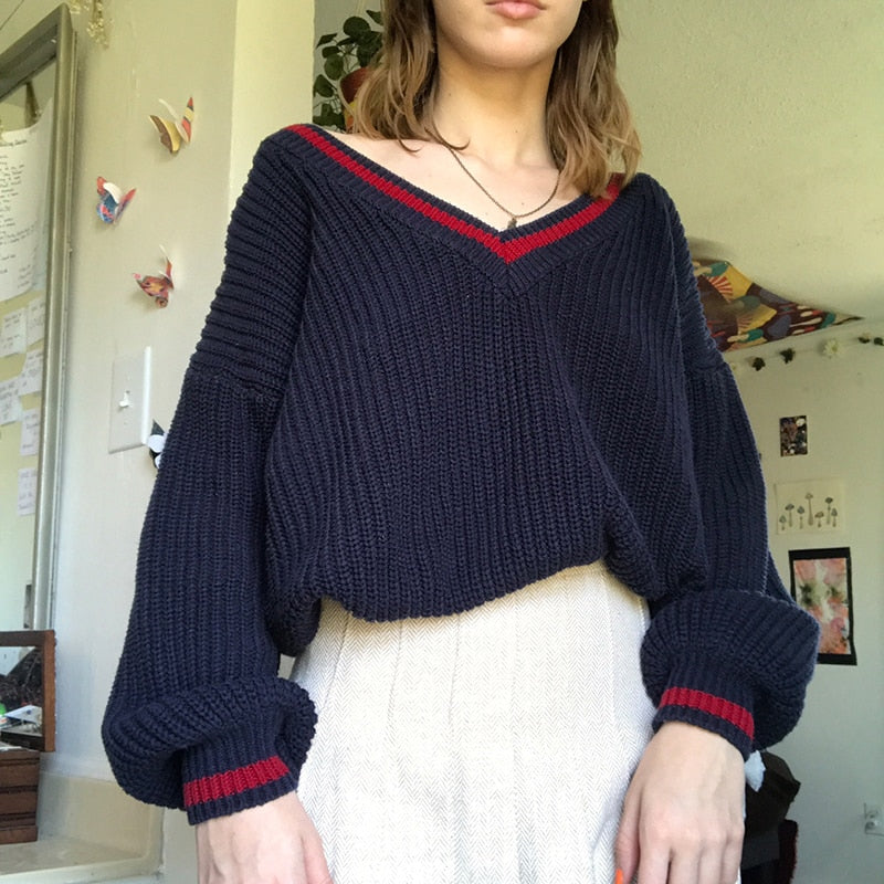 V Neck Preppy Cream Sweater