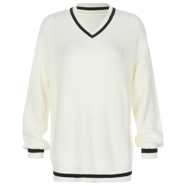 V Neck Preppy Cream Sweater