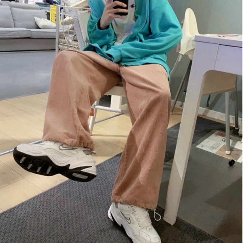 Wide Leg Corduroy Trousers With Ankle Closure