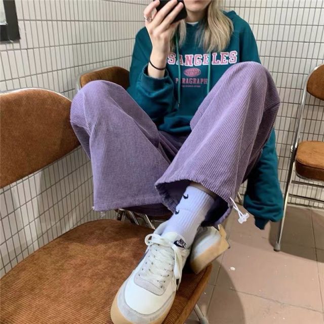 Wide Leg Corduroy Trousers With Ankle Closure