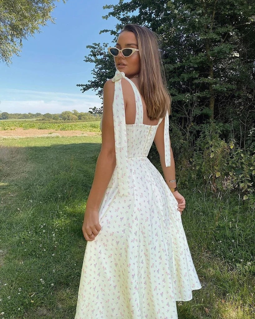 Floral Midi Dress With Shoulder Bow