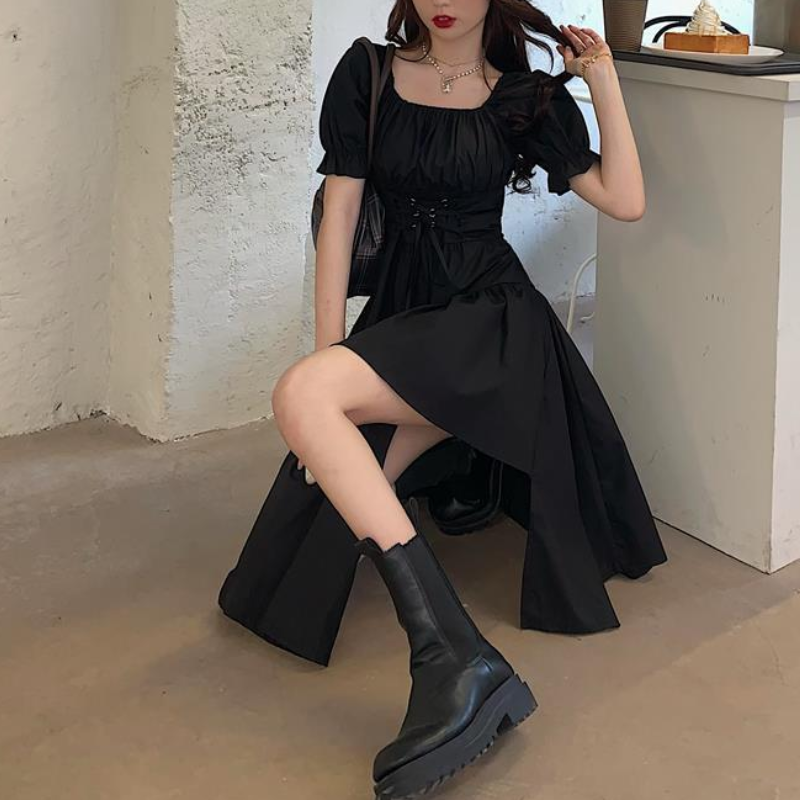 Puff Shoulder Midi Corset Dress