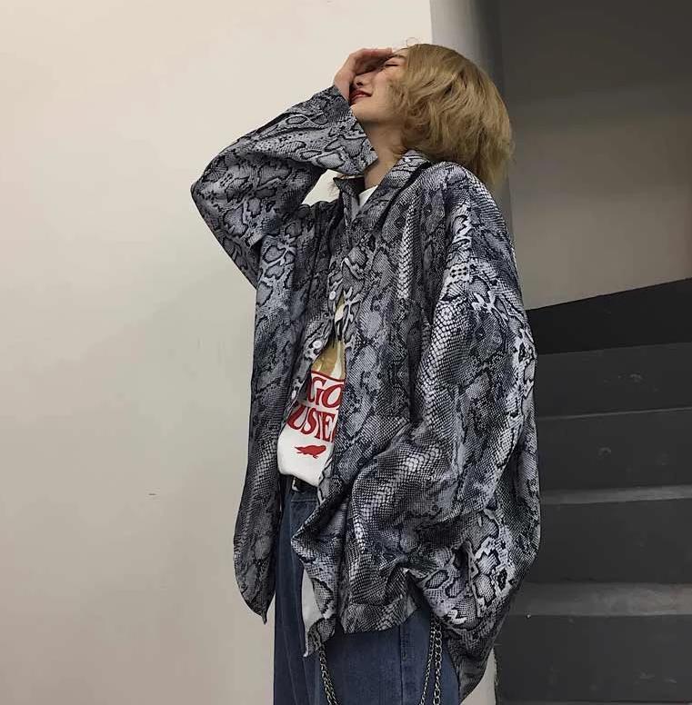 Snake Skin Printed Oversized Button Up Shirt