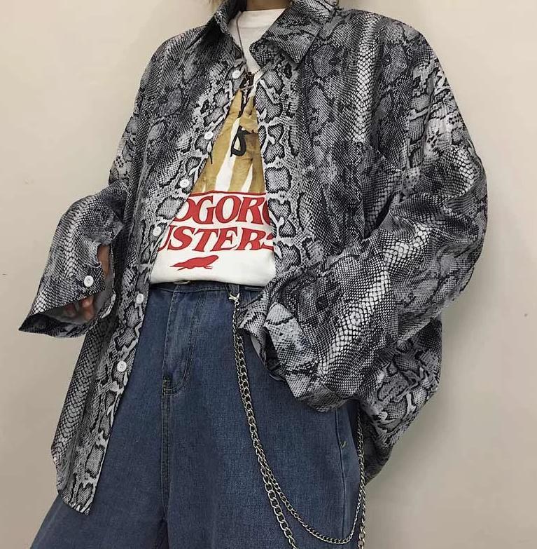 Snake Skin Printed Oversized Button Up Shirt