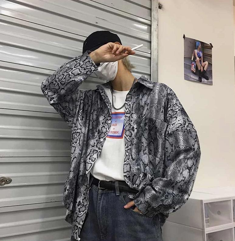 Snake Skin Printed Oversized Button Up Shirt
