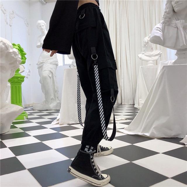 High Waisted Cargo Pants With Detachable Caution Straps