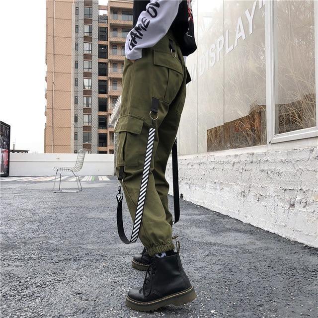 High Waisted Cargo Pants With Detachable Caution Straps
